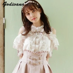 Liz japanische Massen produktion Mine schulter freie Spitze Rüschen Color-Block Schleife Hemd Kurzarm Tops Frühling Sommer Lolita Blusen