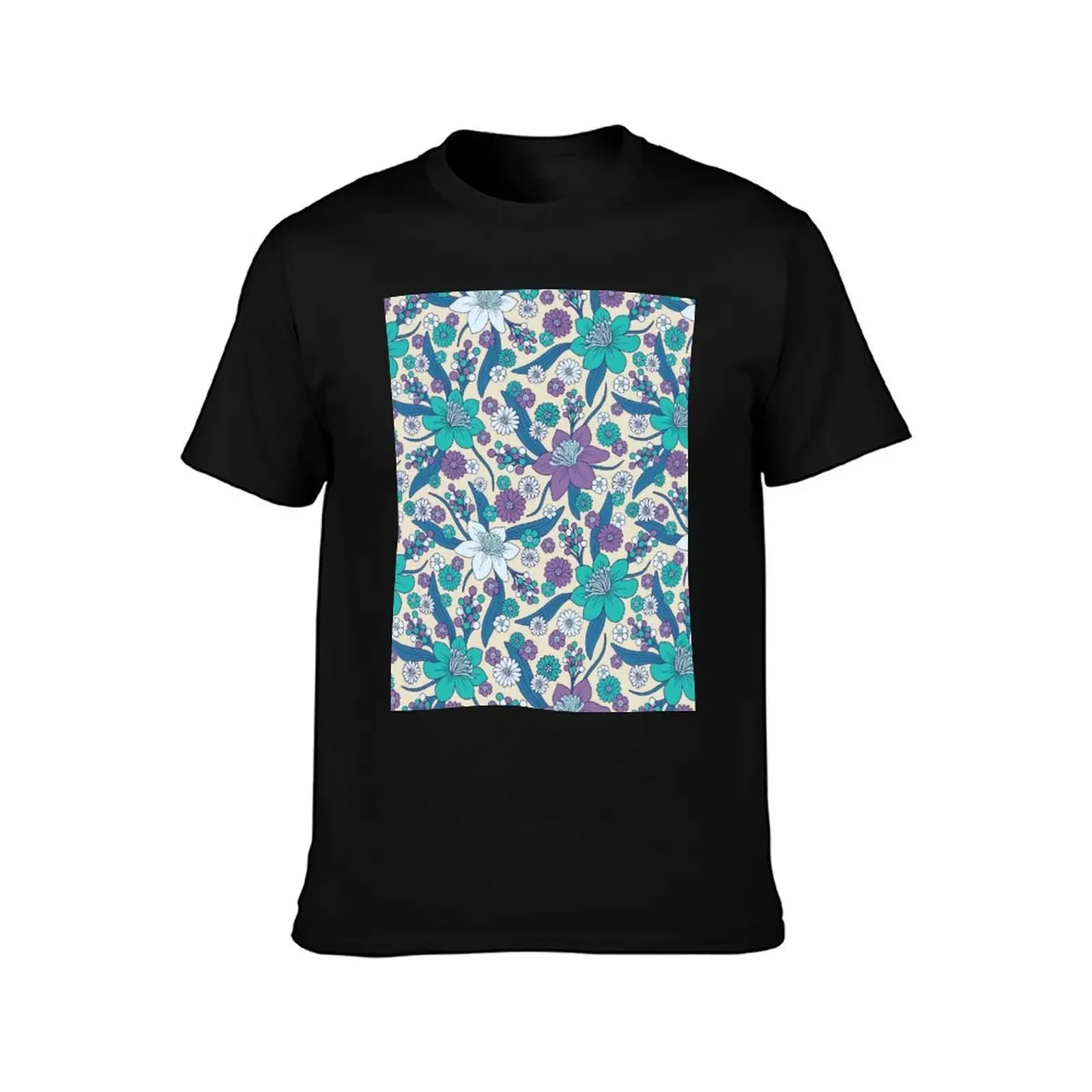 Purple, Teal & Blue 1970s Inspired Retro Floral Pattern T-Shirt blue archive Clothing fruit of the loom mens t shirts