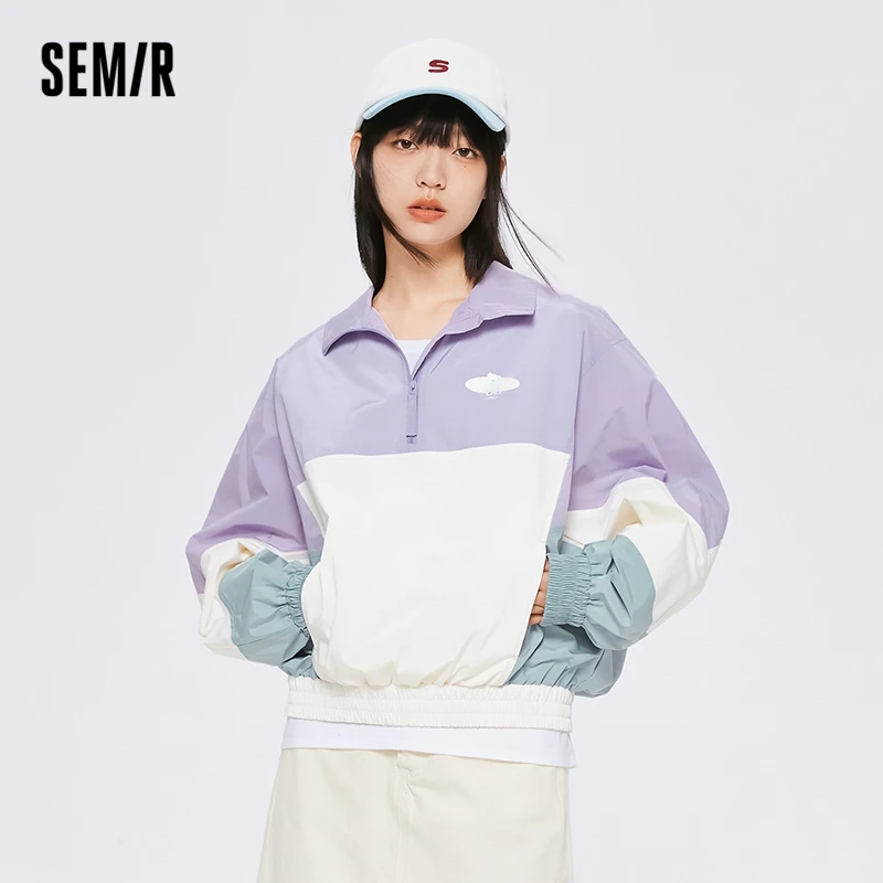 

Semir 2023 Women Jacket St-up Collar Top Color-blocking Oversized Retro Mesh Stitching Coat Sweet Cool Jacket for Women