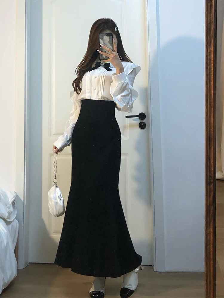 

Elegant Pearl Collar Shirt And High Waist Fish Tail Skirt Two Piece Set for Women Spring Fashion Slimming Bodycon Dress