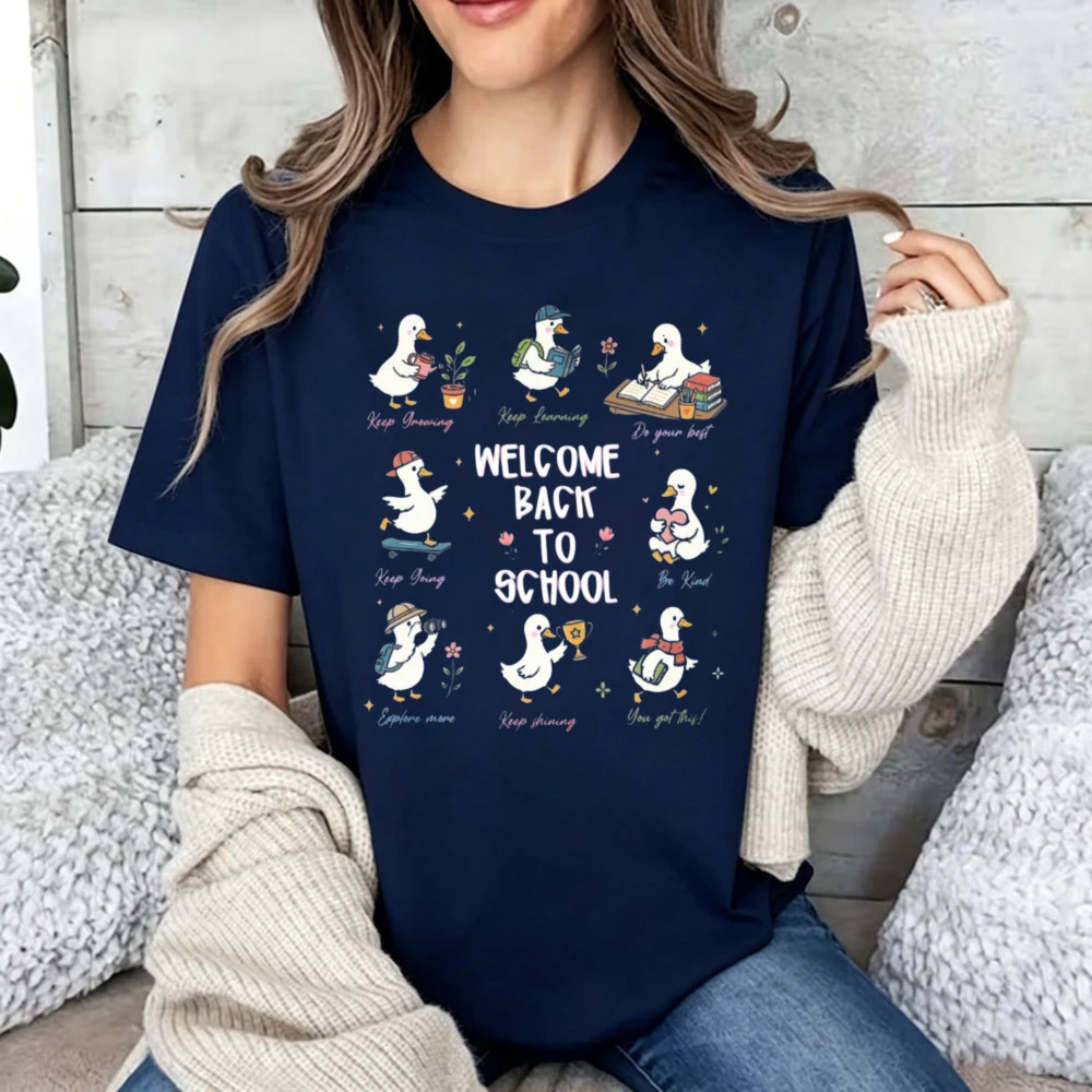 T-shirt en coton « Bienvenue à l'école » avec motif d'oie mignonne, chemise d'enseignant, t-shirt de rentrée scolaire, chemise d'affirmation positive pour la salle de classe, décontracté