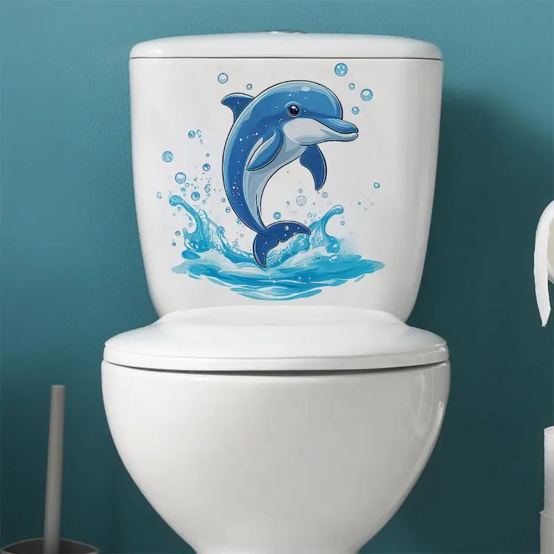 Cute Cartoon Blue Dolphin Toilet Lid Sticker Waterproof Self Adhesive For Bathroom Home Decoration Easy Apply Remove