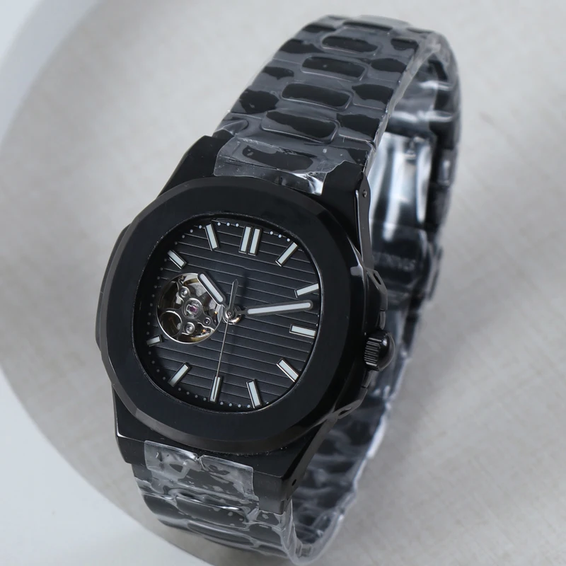 MINUTECOND NH38 Watch NH38 Semi Hollow Dial Black Watch Sapphire Crystal NH38 Automatic Mechanical Movement Man No logo Watch