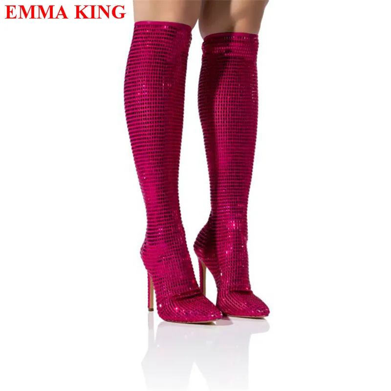 أزياء النساء حجر الراين حذاء برقبة للركبة الفاخرة مصمم أشار تو أحذية الحفلات الشتاء الخريف عالية الكعب أحذية بوتاس دي Mujer