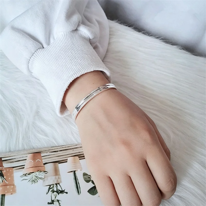 999 Sterling Silver Open Cuff Bangle for Men Women Engraved English Quote Text Bracelet Hammered Inner Texture Minimalist Couple