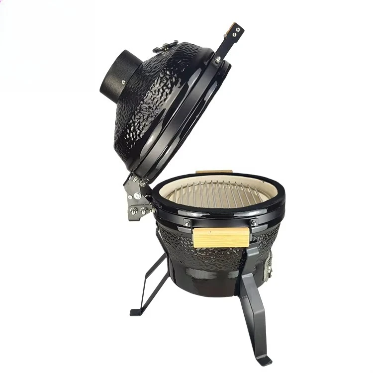 10.6'' Ceramic Kamado Grill with Black Stone Pattern Bamboo Handles Charcoal Ignition Safety Features