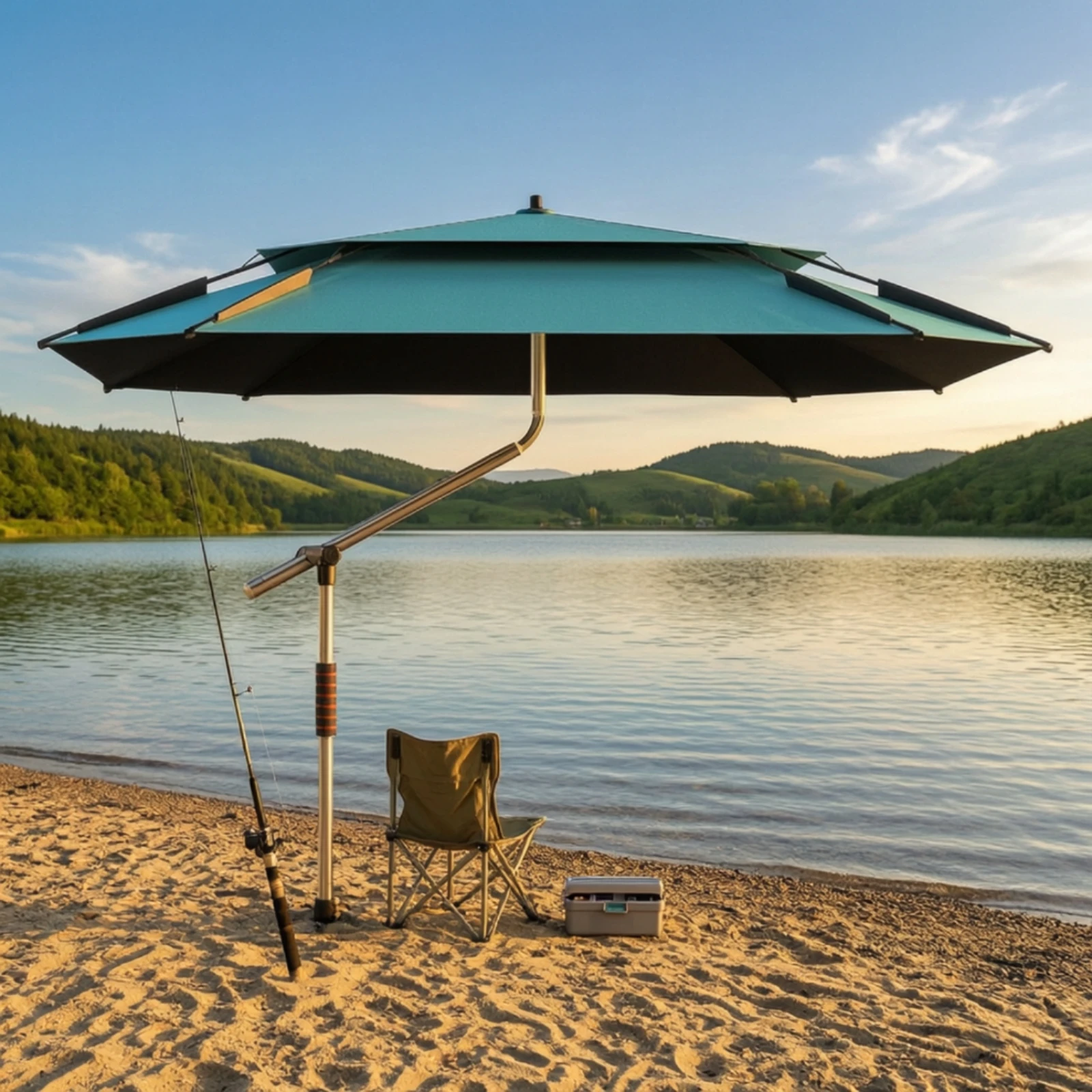 Fishing Umbrella with Stainless Steel Shaft Windproof Square Umbrella with Side Wings Canopy with Support Pole Large for Anglers