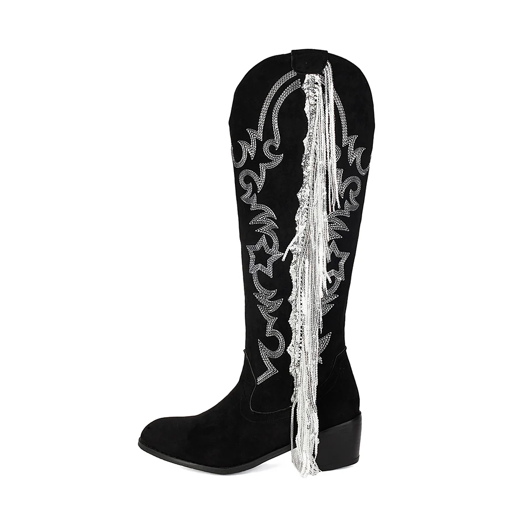 2025 جديد الشتاء ناضجة النساء السود منتصف العجل الأحذية الغربية 5 سنتيمتر مربع ميد كعب سيدة أحذية عارية زائد حجم كبير 11 43 46