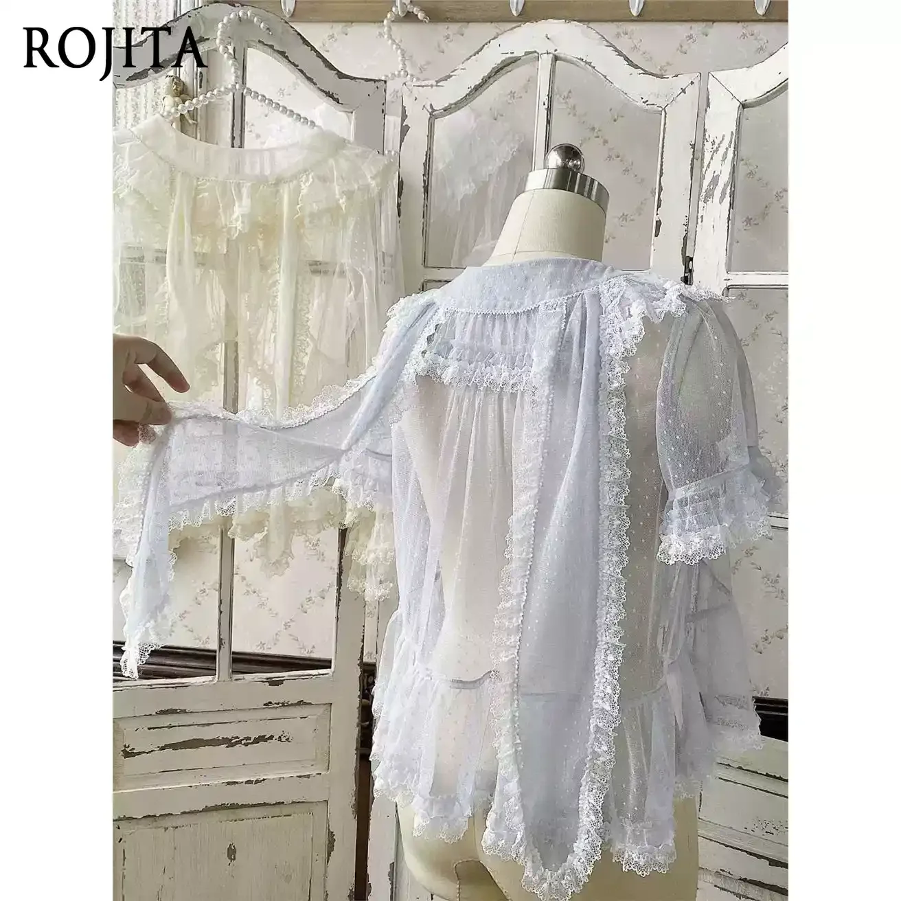 

Japanese Lolita Short Sleeve Point Yarn Lace Thin Cute Sweet Shirt Kawaii Doll Collar Bow Loose White Blouses Top Women