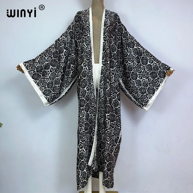 WINYI 2023 new summer beach cover up Retro printing boho Cardigan sexy Maxi Holiday long Sleeve KIMONO Africa silk feeling dress