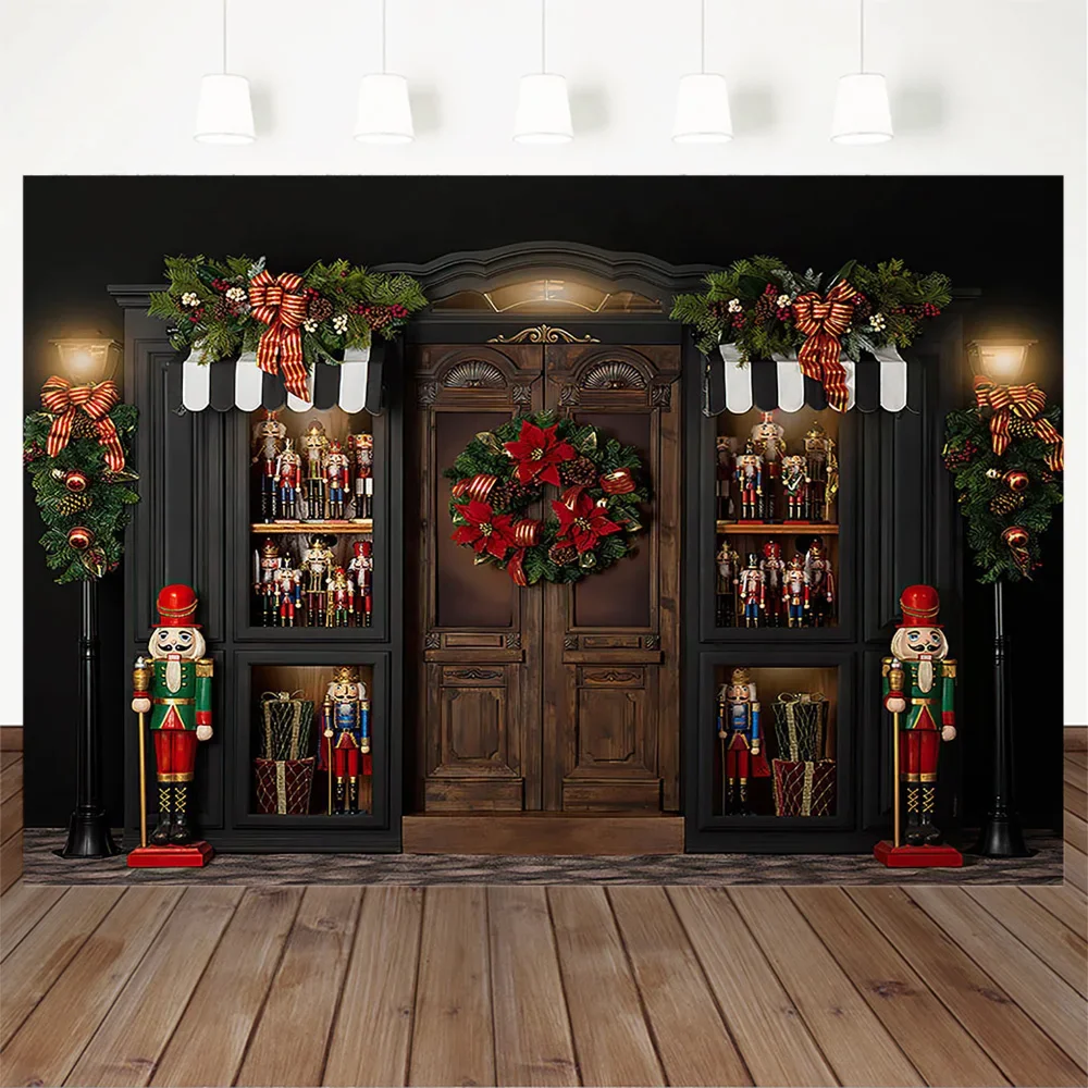 Chirstmas Store Photography Backdrop Nutcracker Soldier Toy Gift Shop Winter Background Wreath Street Light Photoshoot Kids Prop