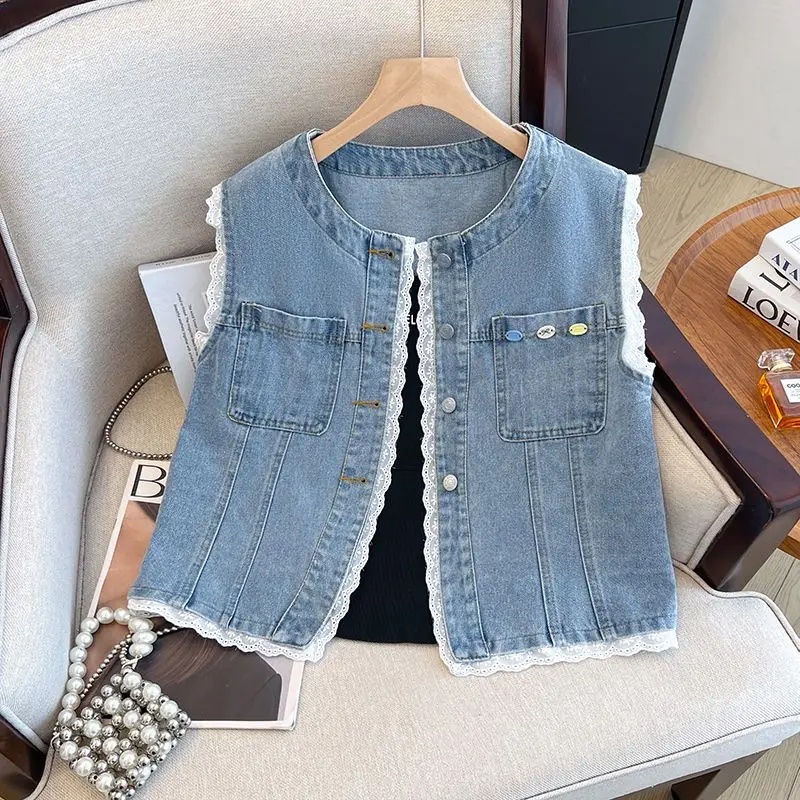 

Кружевной джинсовый жилет, женский летний тонкий одинаковый жилет 2025, новый модный жилет в иностранном стиле, куртка