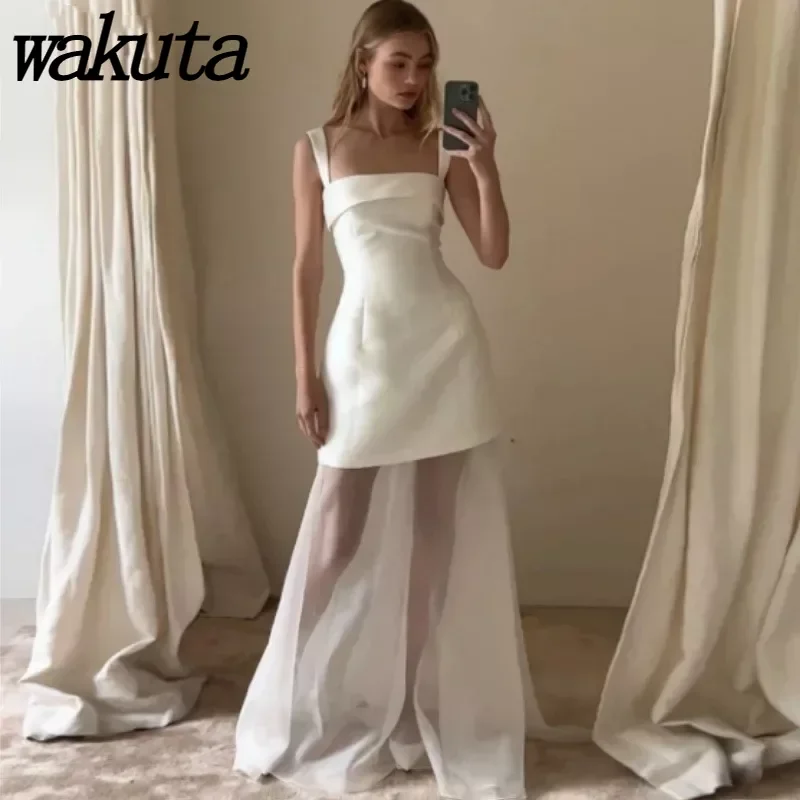 Wakuta Elegant Women's Square Collar Sleeveless Bridal Gowns Satin Ivory Evening Dresses Floor Length Bridal Wedding Vestidos