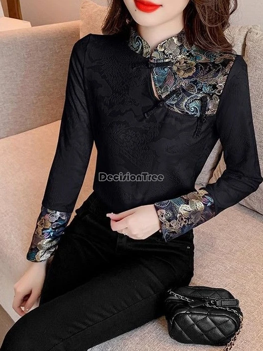 

2025 chinese improved fashion retro style base layer long-sleeve stand collar t-shirt for women embroidered cheongsam blouse top