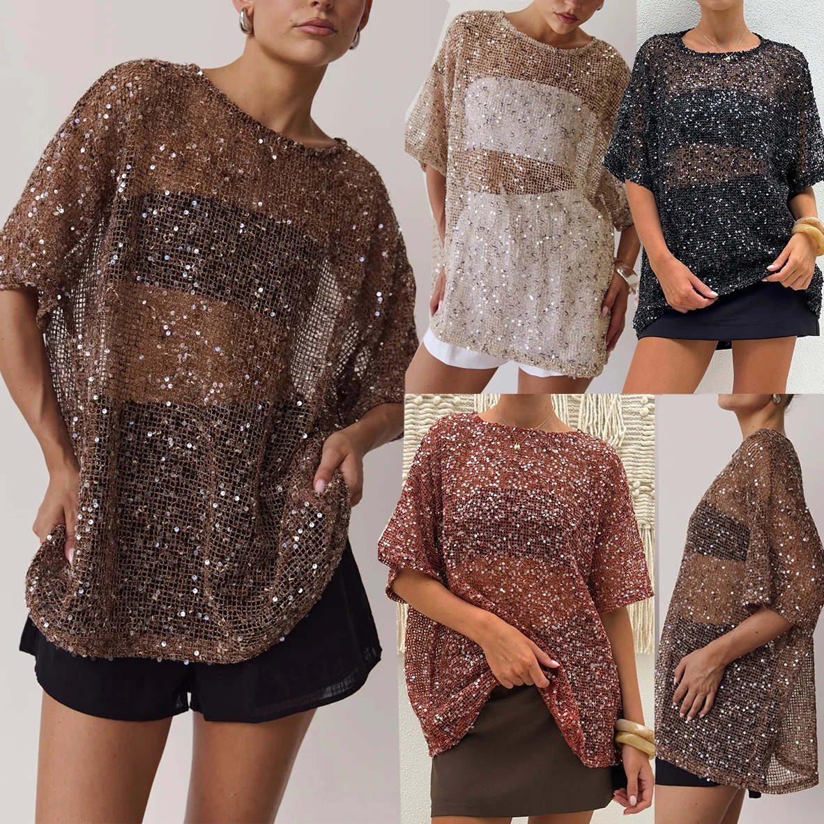 Women's Summer Y2k Glitter Sequined T-Shirt Casual Loose Fit Sheer See Through Crew Neck Elbow Sleeve Oversized Tops