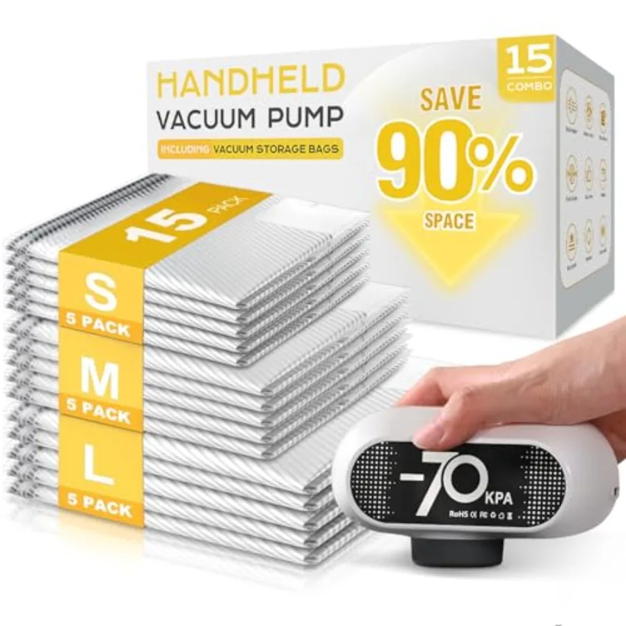 

Набор из 15 вакуумных пакетов для хранения с электрическим насосом -70KPa, премиум-класса, устойчивые к разрывам, многоразовые пакеты для одежды, для экономии места