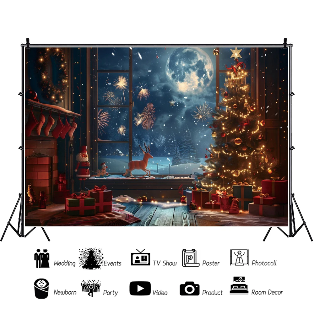 Christmas Tree Photography Backdrop Winter Night Window Santa Claus Reindeer Gifts Fireworks Merry Christmas Photo Background