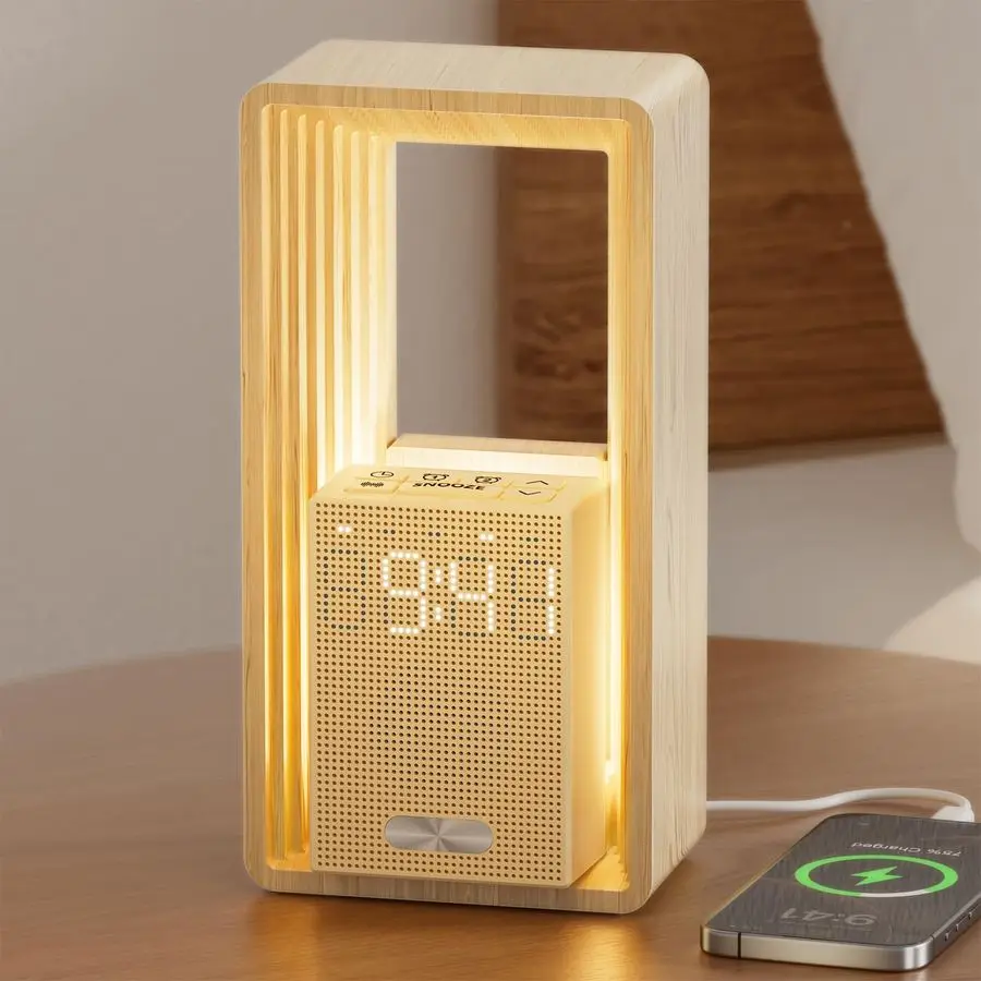 ساعة منبه مع ضوء WakeUp آلة صوت منبه مزدوج مع شاحن USB، 9 أصوات نوم، ضوء ليلي، شاشة عكس الضوء، توقيت تلقائي