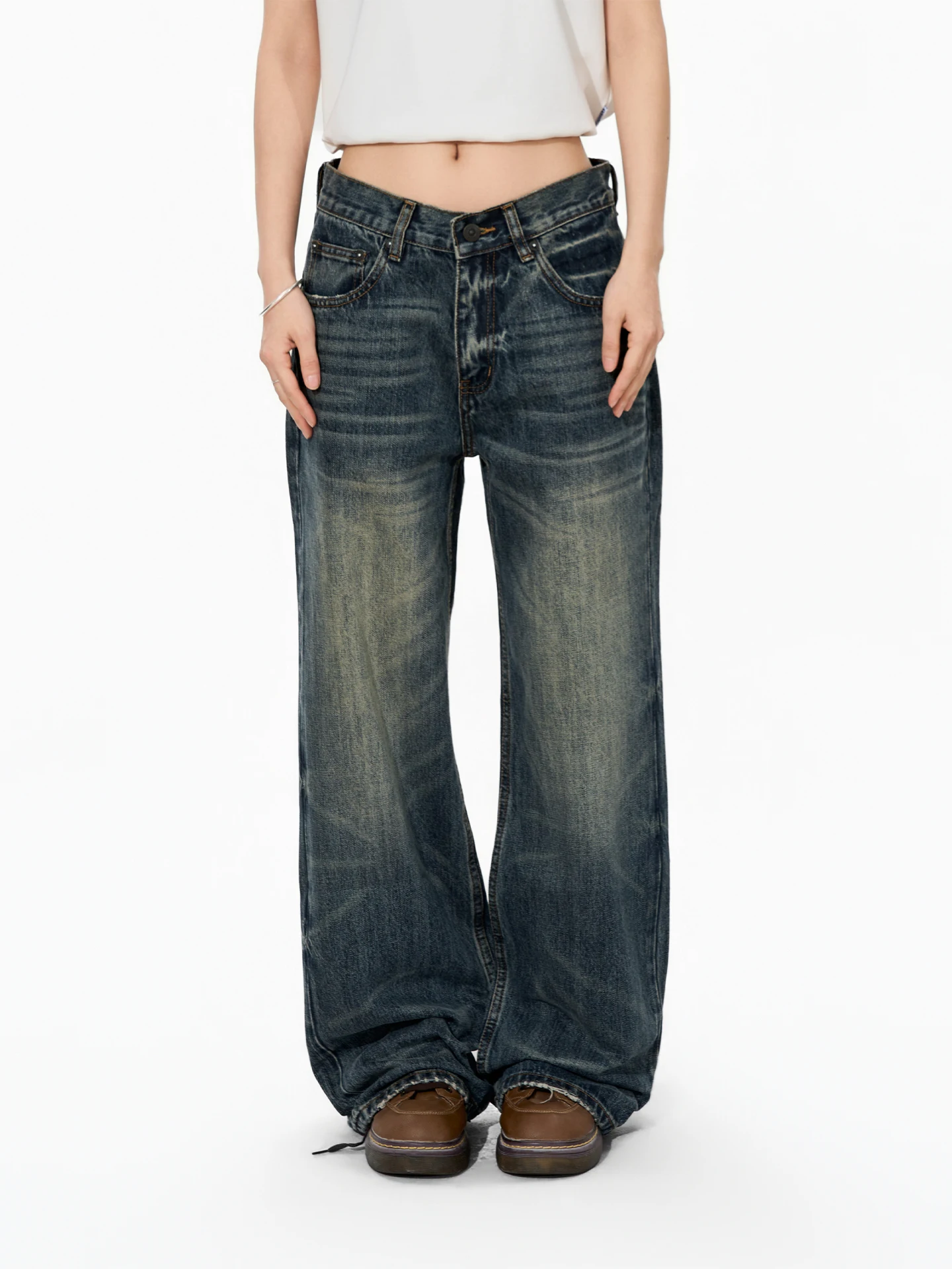 

Джинсы S3T5 винтажные, прямого кроя, с эффектом потертости, свободные, из синего денима, повседневные брюки для мужчин и женщин, удобные для ношения в любое время года