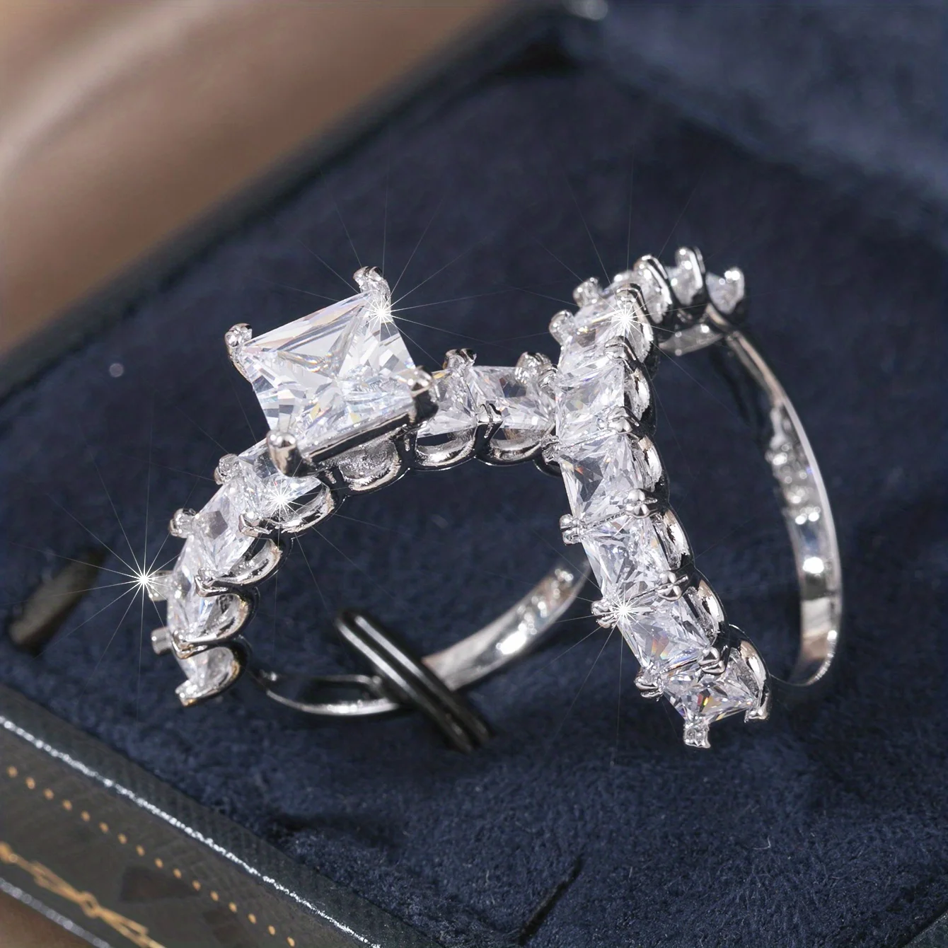 

2pcs Luxury Geometric Elegant Square Ring Set For Women Wedding Engagement Party Jewelry Accessories Gifts size 6-11（no box）