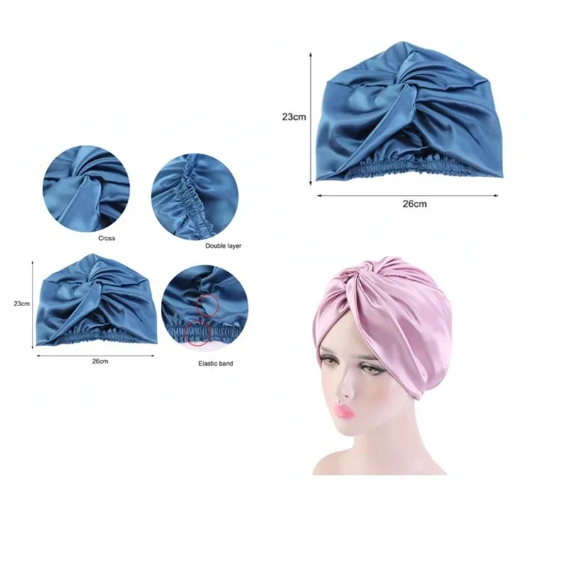 Popolare Multi-colore imitazione seta doppio strato cofano in raso berretto da notte Cross Twist Night Hair Hat cuffie per chemioterapia per le donne