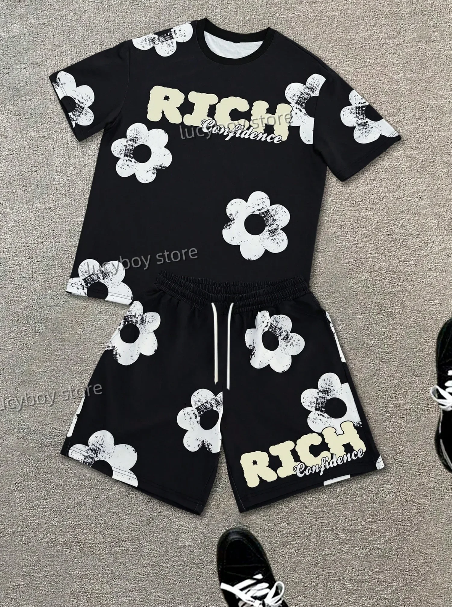 

Hot-selling Fashionable Boys and Girls' White Floral Printed Sets, 2-piece Casual Sets, Sportswear, Fitness Sets, Men's Sportswe
