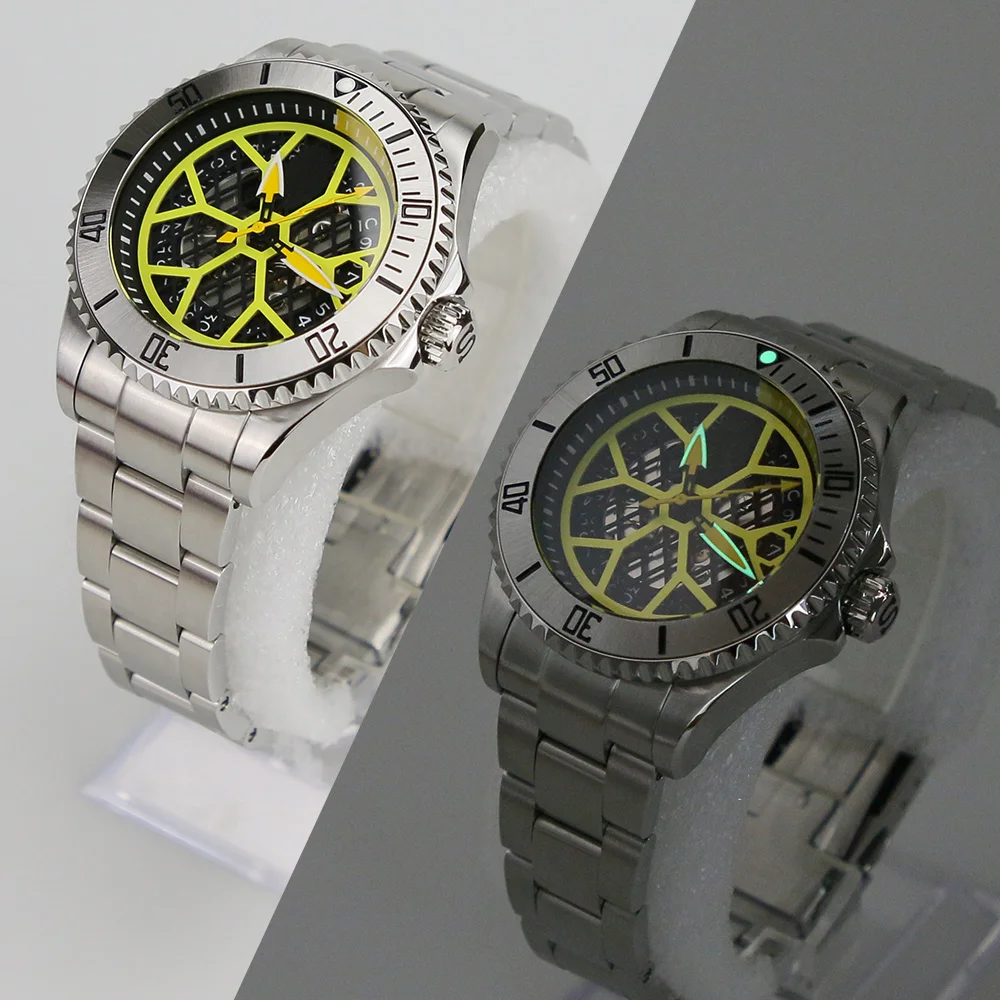 316L الفولاذ المقاوم للصدأ SKX007 38mm مع 12H PIP C1 إدراج الحافة المنحدر الأخضر المضيء