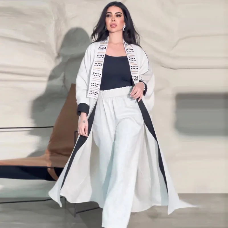 새로운 여성 패션 프린트 로브 팬츠 투피스 세트 캐주얼 루즈 긴팔 배색 가디건 코트 밴딩 팬츠 슈트