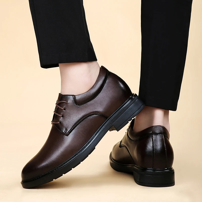 Sepatu kulit Oxford untuk pria, sepatu lift pria penambah tinggi sol dalam 6CM hitam Formal bisnis ukuran besar 35-47