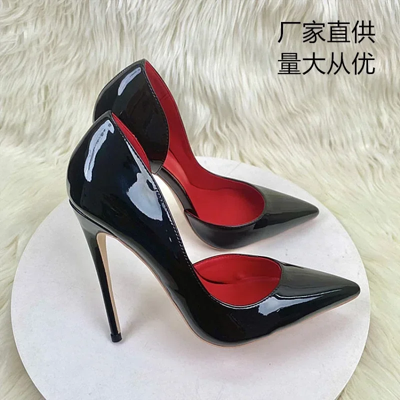 2024 New Lacquer Leather High Heels, Shallow Mouth, Pointed Head, Thin Heel, Side Air, High Grade Sexy Fashion Single Shoes