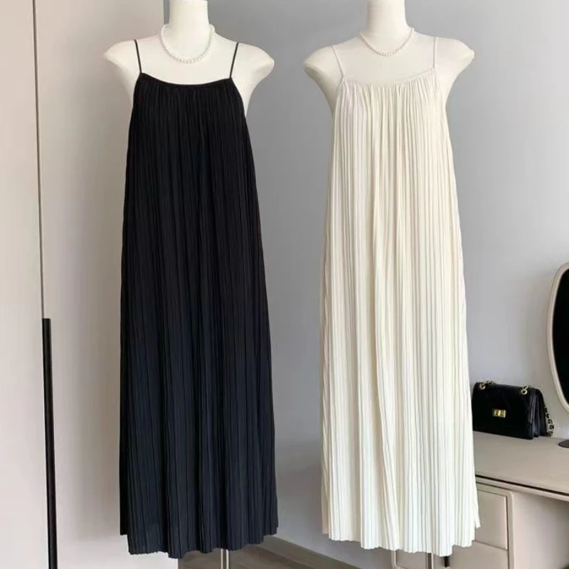 

Women Sling Dress Long Dresses Round Neck Sleeveless Pleated Casual Maxi Loose Loose Beach Elegant Splice Summer Vestidos 2024