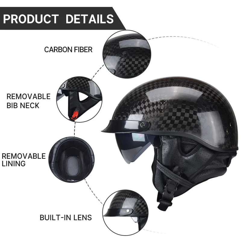 Light Weight 12K Gloss Black Carbon Fiber Scooter Motorcycle Half Face Helmet Motobike Helmet Inner Visor casco para motociclist