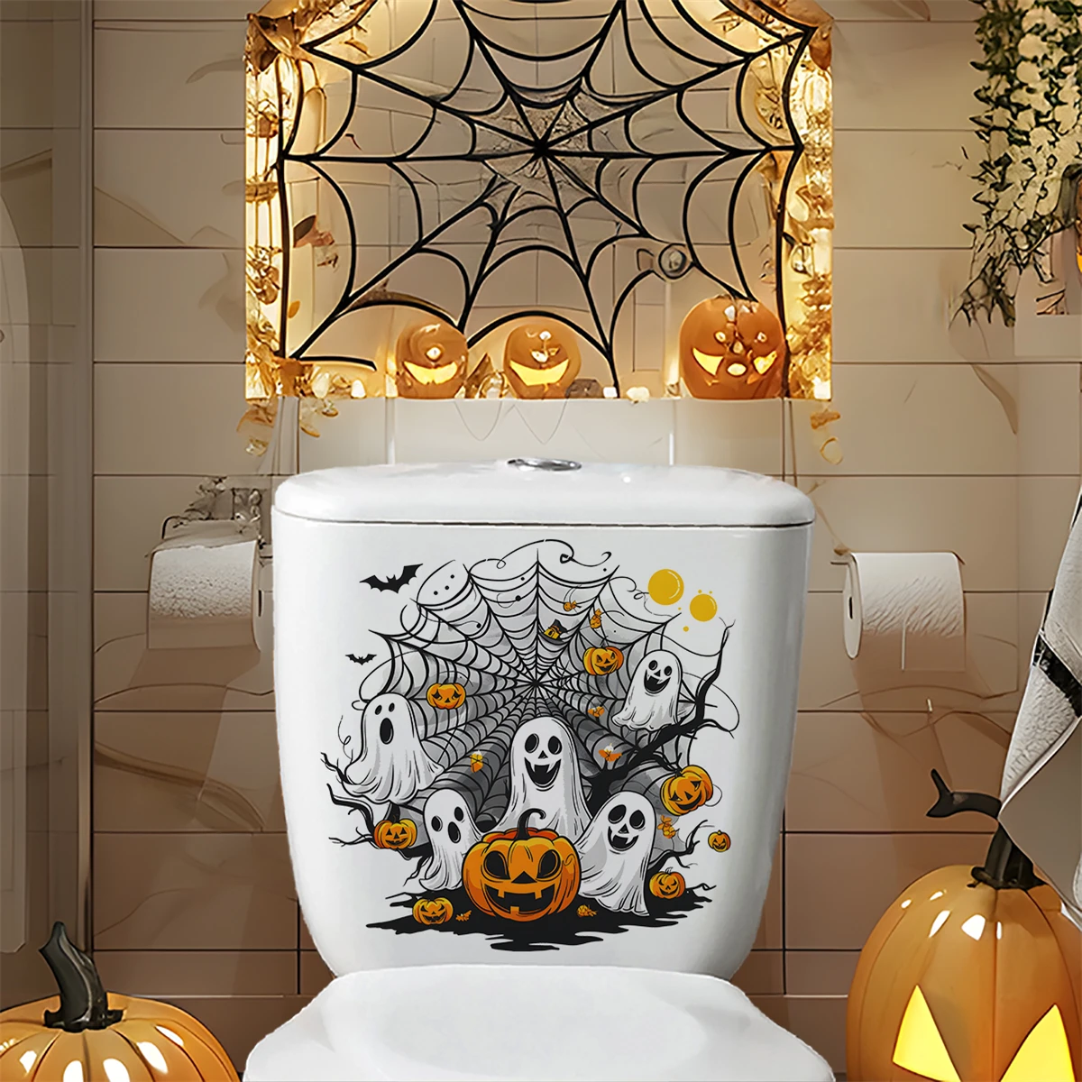 Halloween - Themed Toilet Decorative Sticker, Ghost Pumpkin Spider Web Pattern Self - Adhesive Wall Sticker for Bathroom Festiva