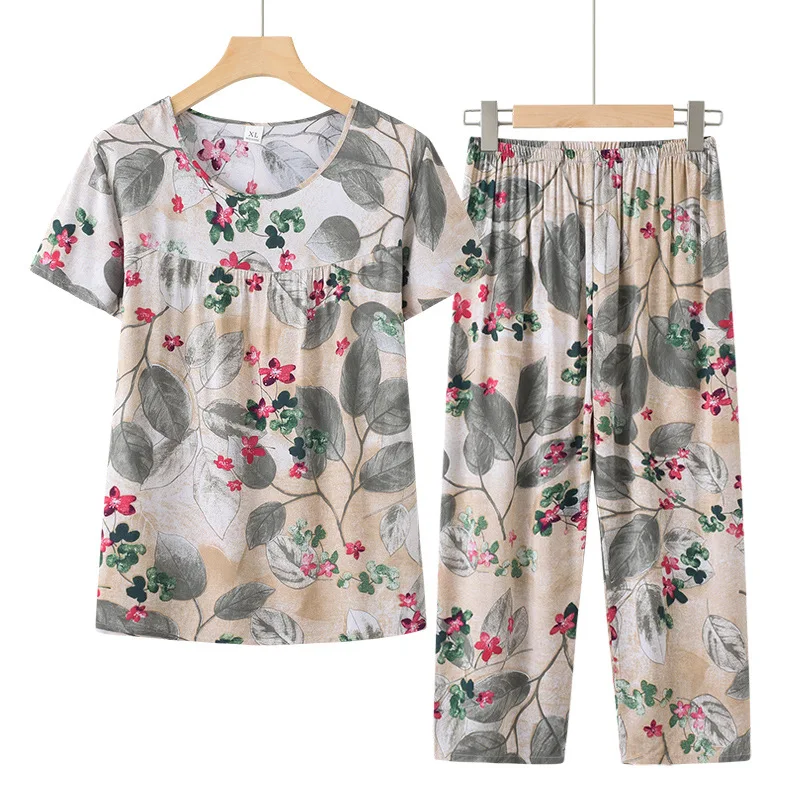 Pijamas Femininos New Cotton Rayon Sleepwear Women Printed Short Sleeve Cropped Pant Suit Thin Cool Home Summer Pajamas Set 4XL