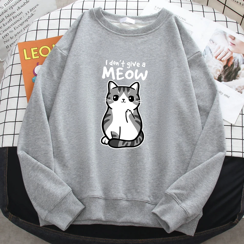 Simple Autumn Womens Sweatshirt I Don\'T Give A Meow Funny Cat Cartoon Animalmale Print Hoody Fleece Pullovers Loose Warm Tops