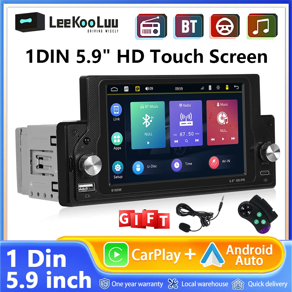 Leekooluu 1 Din Car Stereo Radio 5.9'' Car MP5 Player with Wireless Carplay Android Auto Bluetooth FM Radio Receiver Type-C /USB