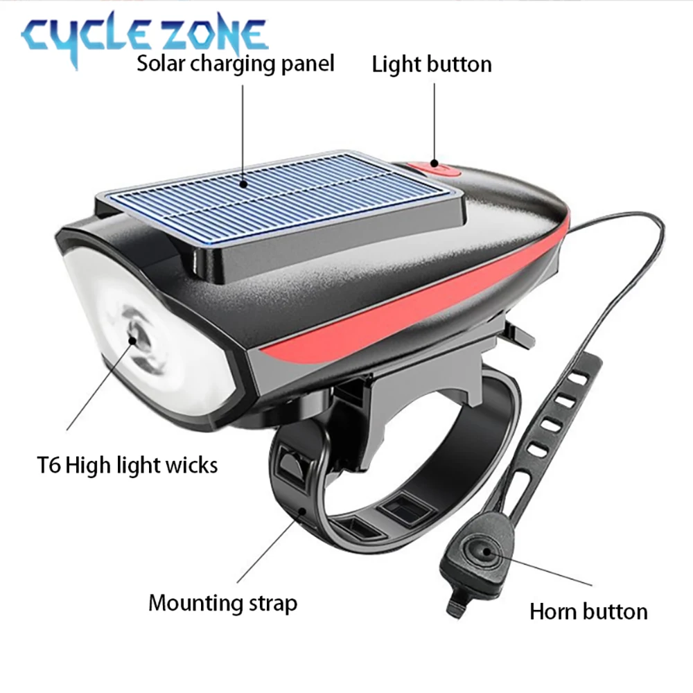 Solar Bicycle Light with Horn LED Bike Front Lamp Headlight for Bicycle MTB Mountain Road Bike Electric Bell Cycling Accessories