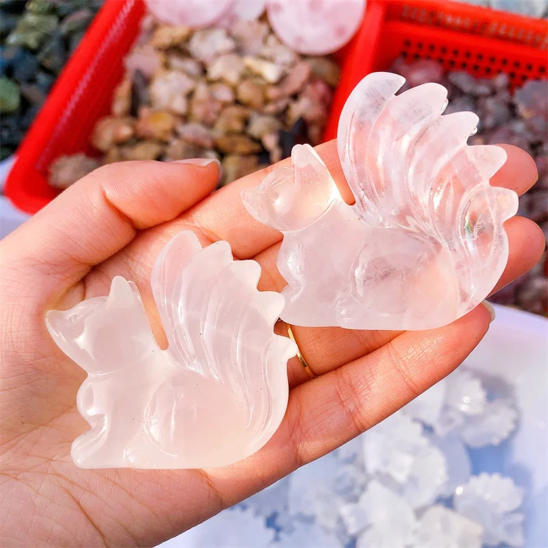 Natural Clear Quartz Nine-tailed Fox Carving Healing Stone Hand Carved Crystal Animal Figurine Home Decor