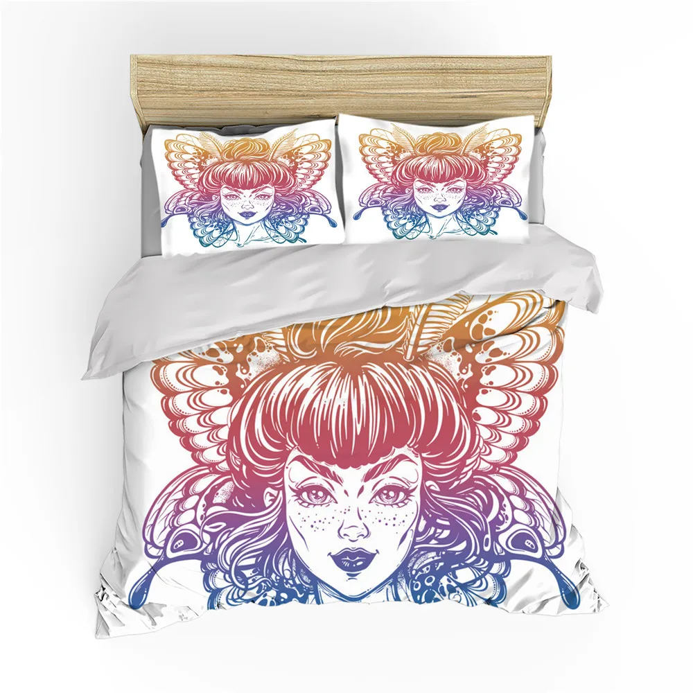 Girl Duvet Cover King Queen Watercolor Female Head Image Bedding Set for Teen Women,colorful Gothic Tribe Polyester Quilt Cover