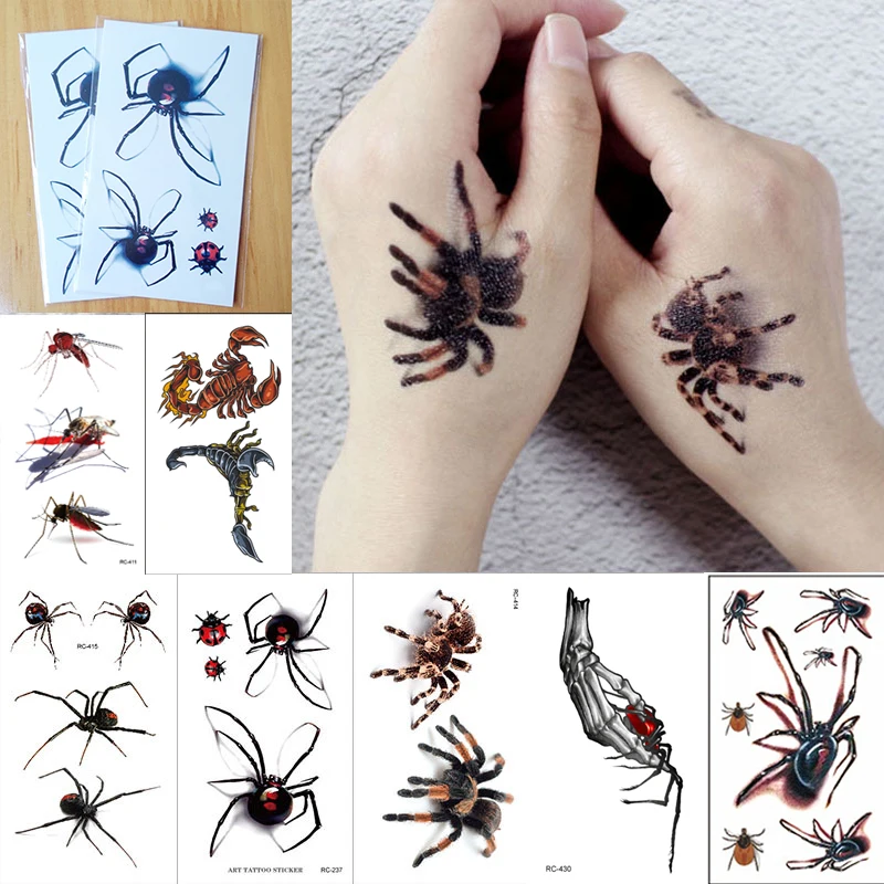 Spider/Scorpion/Mosquito Tattoos Stickers Halloween Temporary Body Art Neck Leg Sticker Disposable Removable Punk Spider Sticker