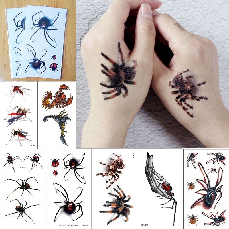  Spider/Scorpion/Mosquito Tattoos Stickers Halloween Temporary Body Art Neck Leg Sticker Disposable Removable Punk Spider Sticker