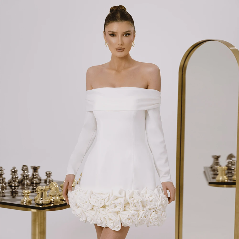 

Short Wedding Cocktail Dress Off the Shoulder Long Sleeves 3D Flowers Mini Cocktail Gowns for Women 2025 Luxurious Bridal Dress