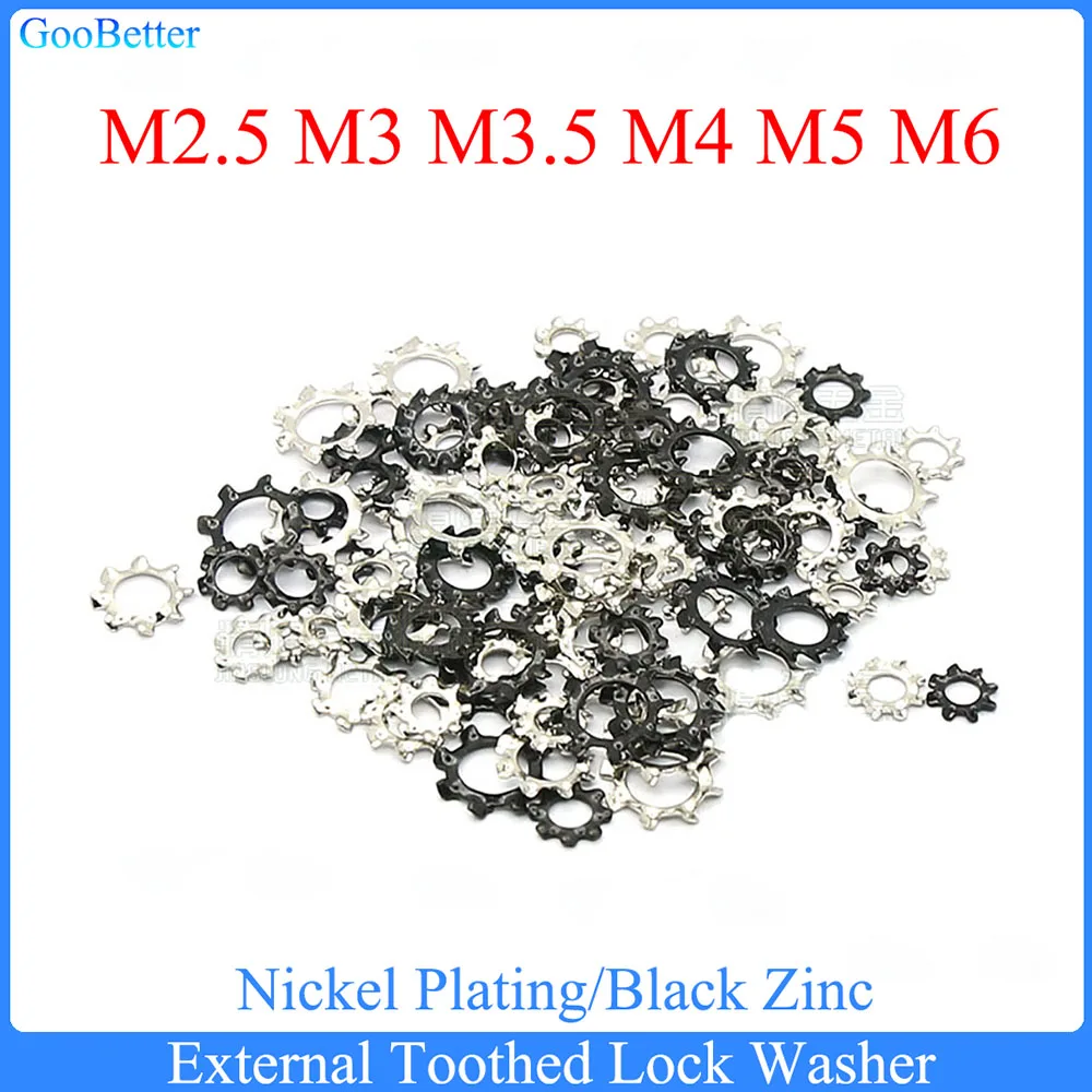 

100Pcs/lot External Toothed Serrated Lock Washer M2.5 M3 M3.5 M4 M5 M6 65Mn Shakeproof Star Gasket Nickel Plating/Black Zinc