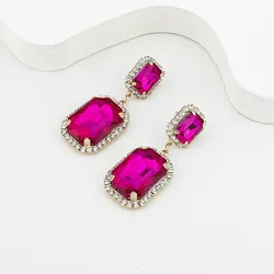 Gold Color Drop Square Long Earrings Clear Crystal Fuchsia Green Drop Earings Women Dazzling Wedding Gift