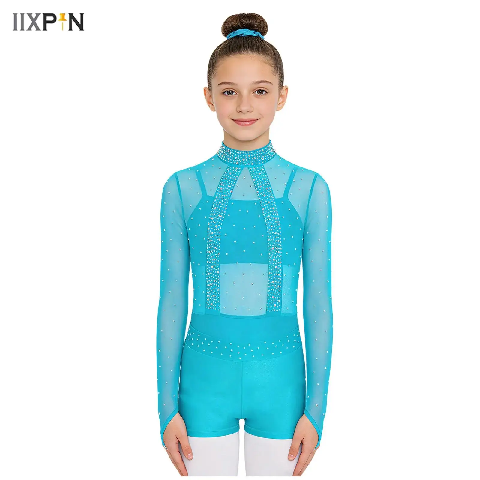 

Kids Girls Gymnastics Dance Outfit Shiny Rhinestone Sheer Mesh Bodice Leotard with Spaghetti Straps Camisole+Shorts+Hairband Set
