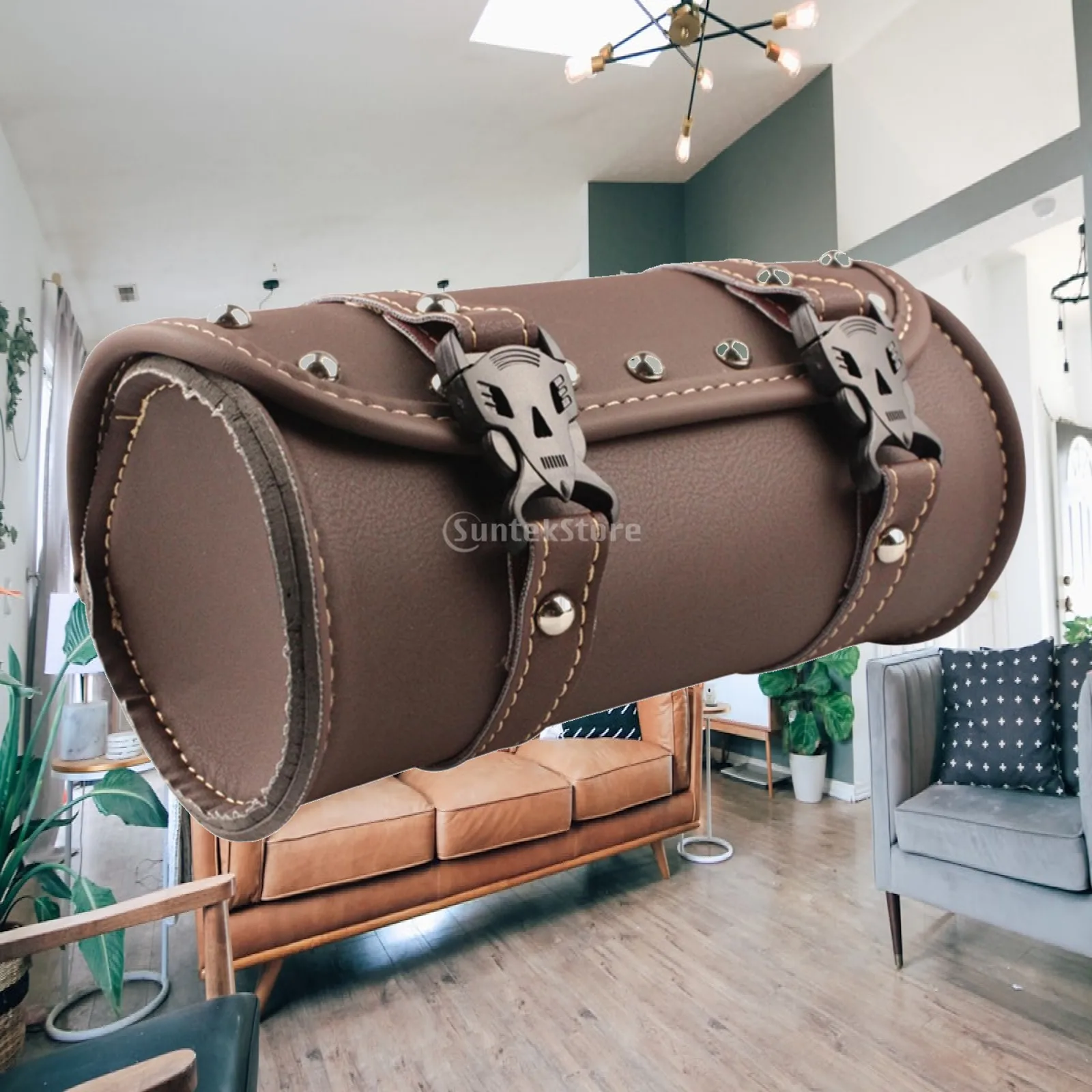 Motorcycle Saddlebag Brown Green Round Roll Pouch Durable PU Leather Organizer for Accessories for Motorcycles