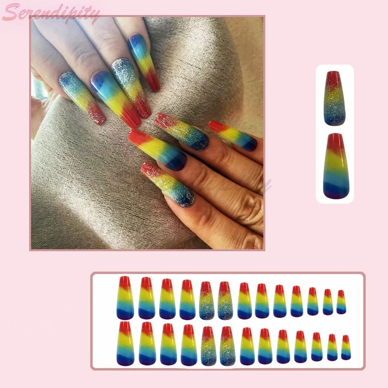 24 Stuks Lange Amandelvormige Nagels Pers Op Nagels Met Regenboog Glitter Afneembare Volledige Cover Cool Art Nagels Nep Nagels Tips Manicure