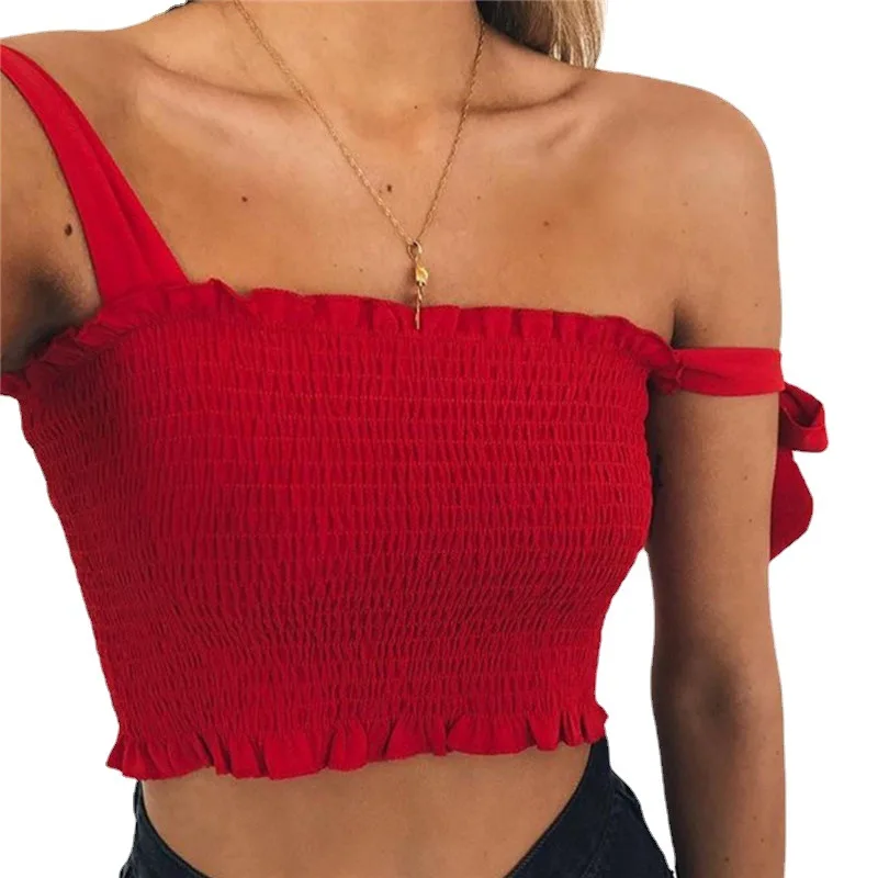 Sexy Tank Top Off Shoulder Strap Cor Sólida Dobras Halter Colheita Tops Mulheres Sem Mangas Colete Cropped Camisole Tubo Top Feminino