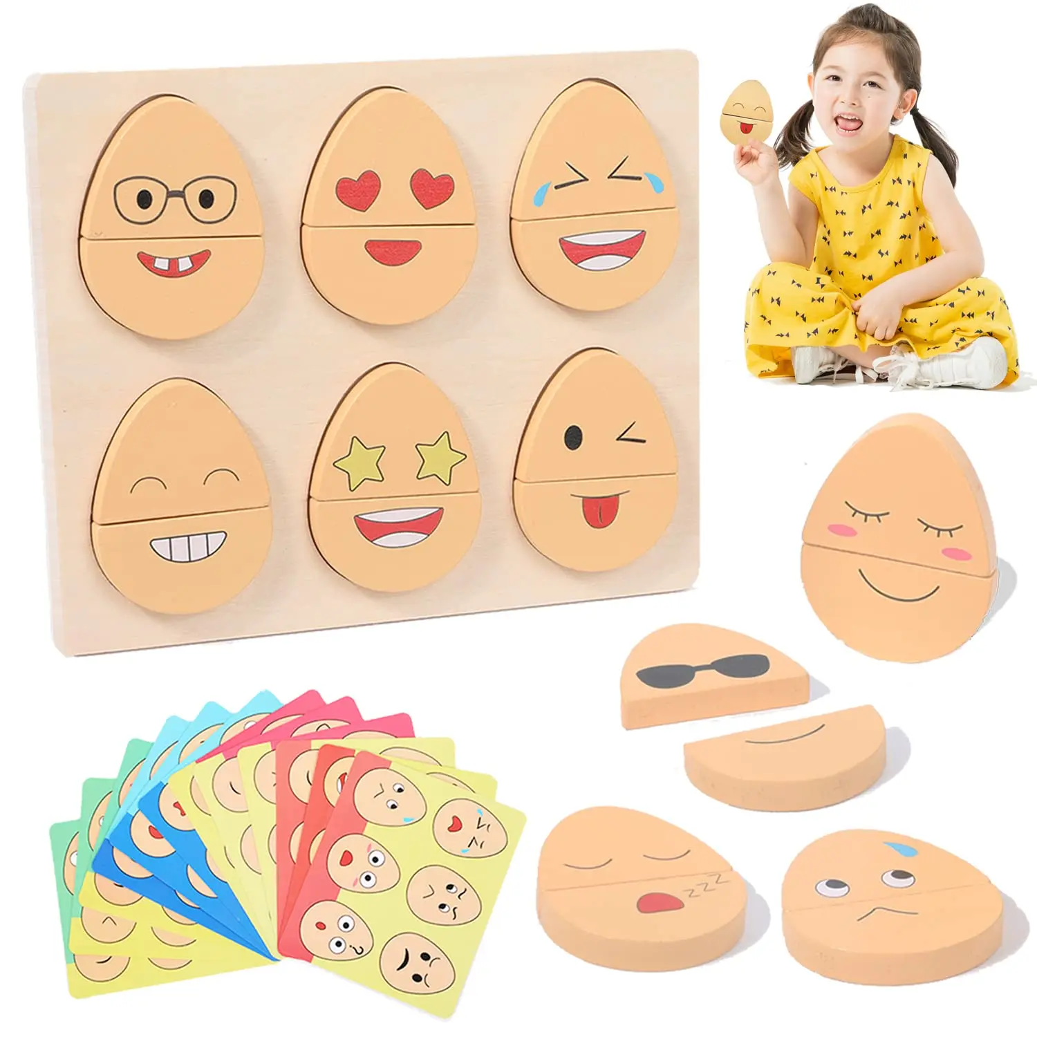 Children Wooden Egg Expressions Blocks Pattern Matching Game Toddler Montessori Sensory Educational Toys Match Puzzles Kids Gift