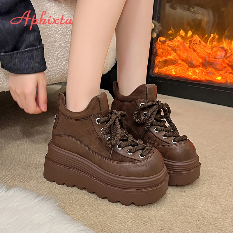 

Aphixta/Новые зимние женские ботильоны на танкетке, женская обувь на платформе из искусственной замши на массивном каблуке, теплая короткая плюшевая женская обувь